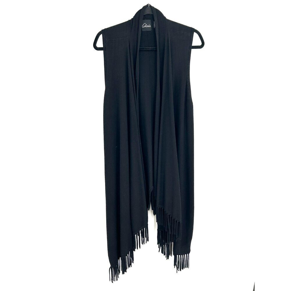 ALCEE Black Sleeveless Open Front Fringe Long Knit Duster Vest Cardigan Large